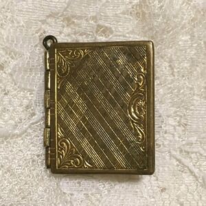 Vintage Hinged Book Locket Charm Pendan Gold Tone Oval Etched